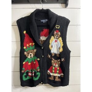 Eagle's Eye Hand Knit Christmas Cardigan Sweater Vest Large 1994 Teddy Bear 90's